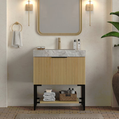 Meuble-lavabo de 30 po avec lavabo, meuble de rangement autoportant en contreplaqué rayé avec tiroir et tablette ouverte, comptoir en pierre frittée et lavabo encastré en céramique, pré-assemblé
