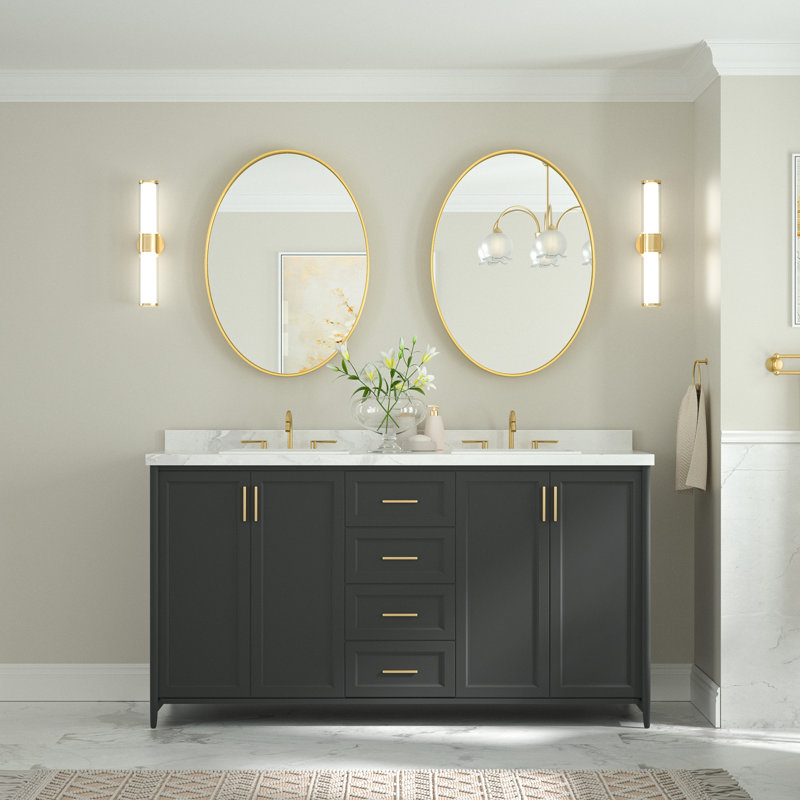 Miroir de salle de bain mural ovale en métal incurvé moderne Juriana, H 22 po x l 30 po x P 2 po, Or