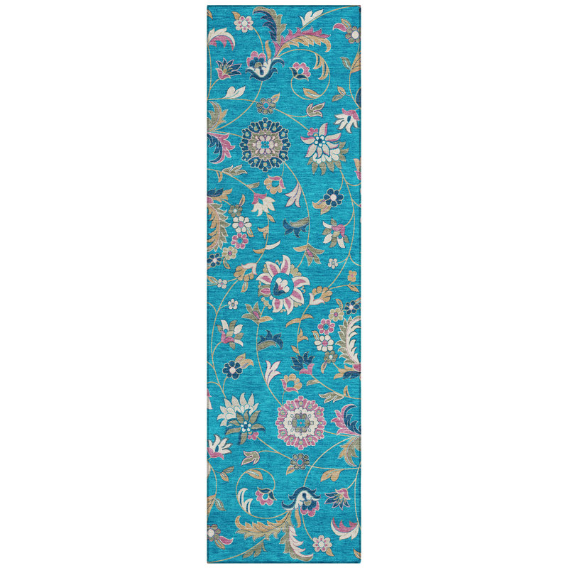 Teal Floral Synthetic Washable Runner Rug 2'3" x 7'6"