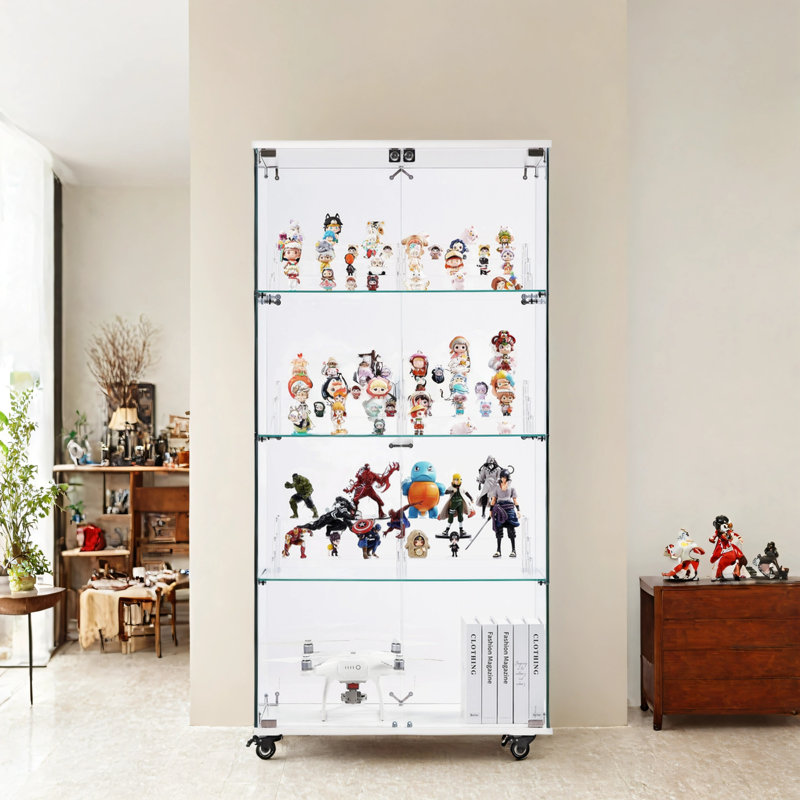 Vitrine à 4 niveaux en verre avec porte verrouillable et roues, H 65,1 po x l 31,5 po x P 14,2 po, Blanc