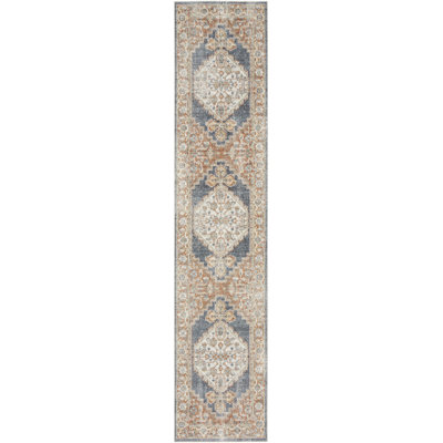 12' Denim Blue Oriental Power Loom Distressed Washable Runner Rug