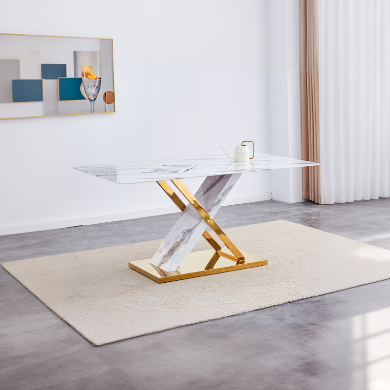 Table de salle à manger en verre marbré avec pieds en X, Blanc, Doré