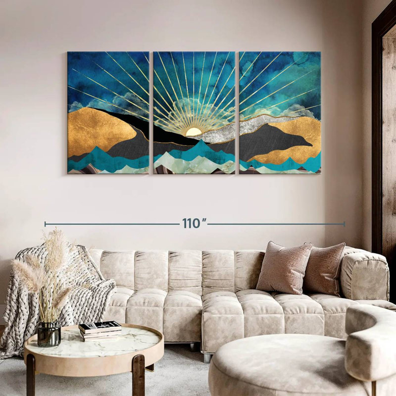 Lever de soleil abstrait 3 pièces, H 45 po x l 92 po x P 1,25 po