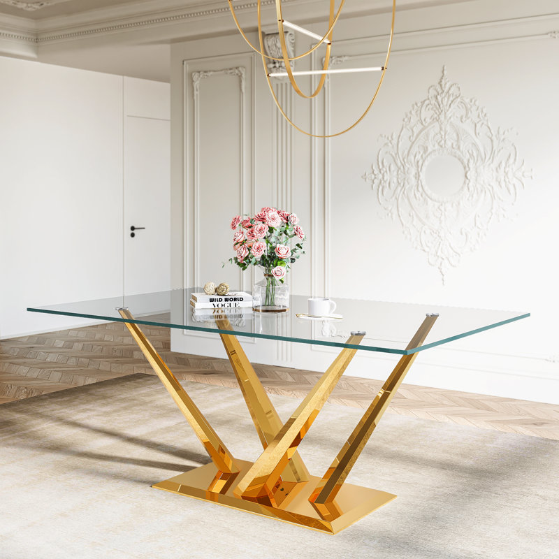 Glass Top Metal Base Dining Table, Gold