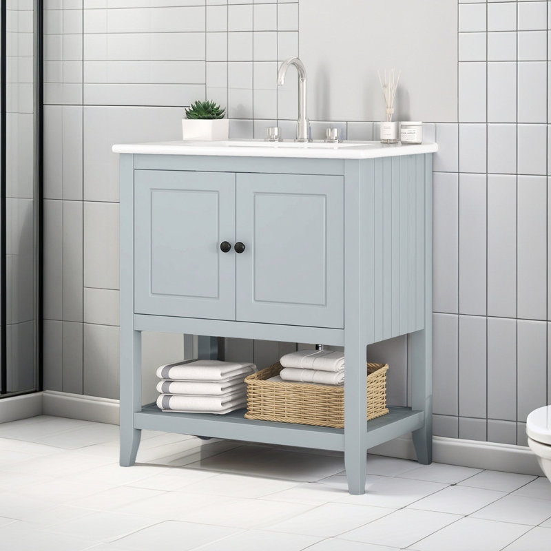 Lavabo de salle de bain moderne élégant en céramique 30 po avec tablette en bois massif, Gris