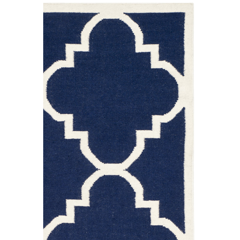 Rodgers Hand Woven Flat Weave Wool/Cotton Geometric Rug in Navy/Ivory, Square 8'