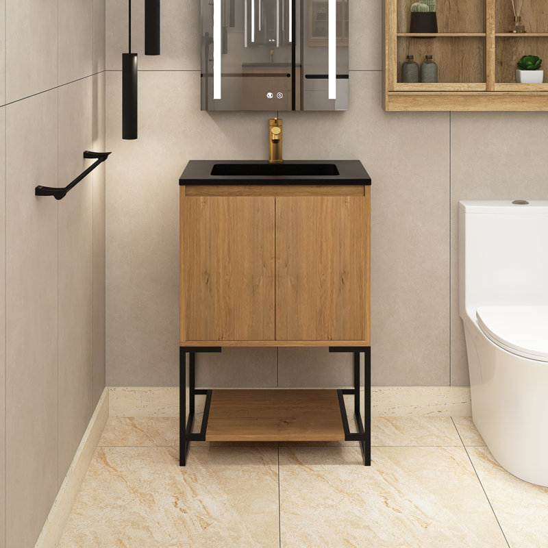 Perrusquia 23.6'' Single Bathroom Vanity with Quartz Top, Oak