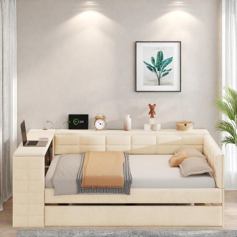 Upholstered Daybed With Storage Shelves, Desk, Charging Station And Trundle, Beige