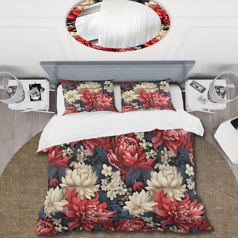 Mystic Red Damask Whispers Floral Duvet Cover, King Duvet Cover + 2 King Shams