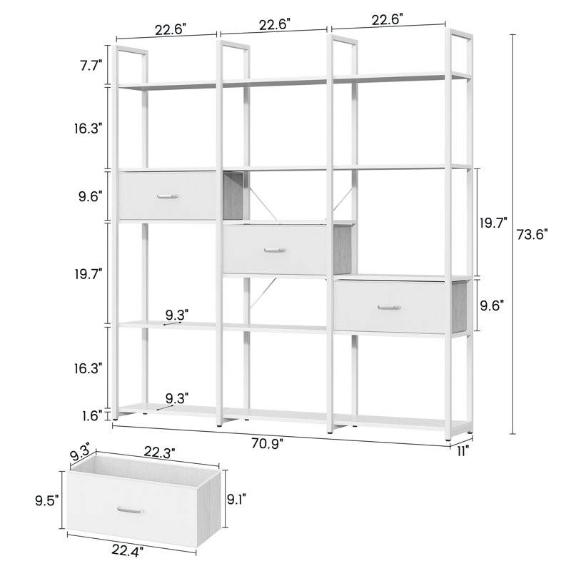 Triple Wide 6 Tiers Industrial Book Shelf With 3 Drawers And Storage Shelves, 73.6" Tall Bookcase With 16 Open Display Shelves, Large Etagere Bookshelf With Metal Frame For Home & Office