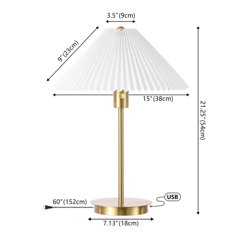 Rast 21.25" Modern Glam Metal Column LED Table Lamp with USB Charging Port and Pleated Shade
