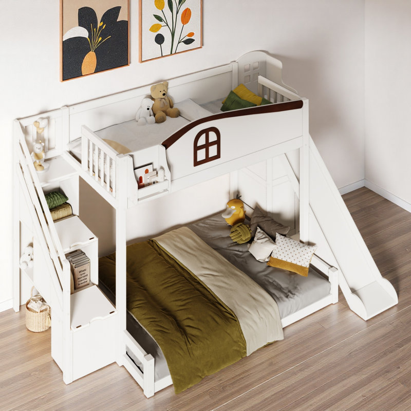 Lit superposé avec escalier de rangement, tablette, glissade et garde-robe, Blanc