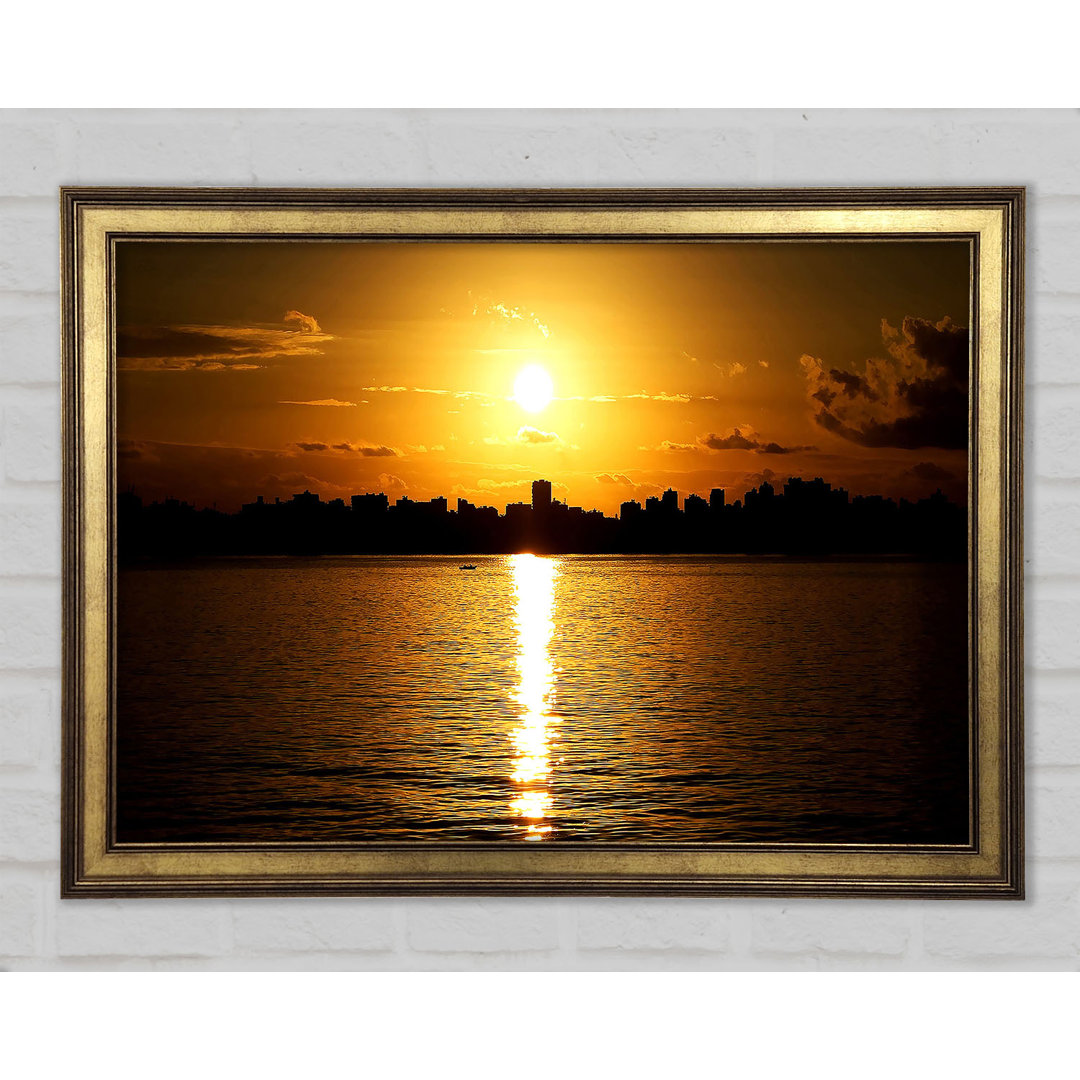 Sonnenuntergang Stadt Skyline Silhouette Gerahmter Druck