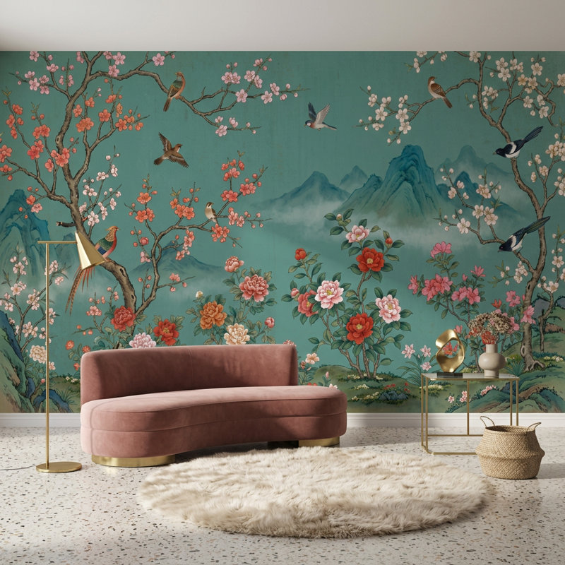 Murale bleu sarcelle avec branches de cerisier en fleurs, Non tissé, 160 po x 108 po