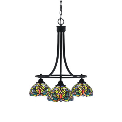 Paramount 3 Light Downlight Chandelier Shown In Matte Black Finish With 7" Kaleidoscope Art Glass