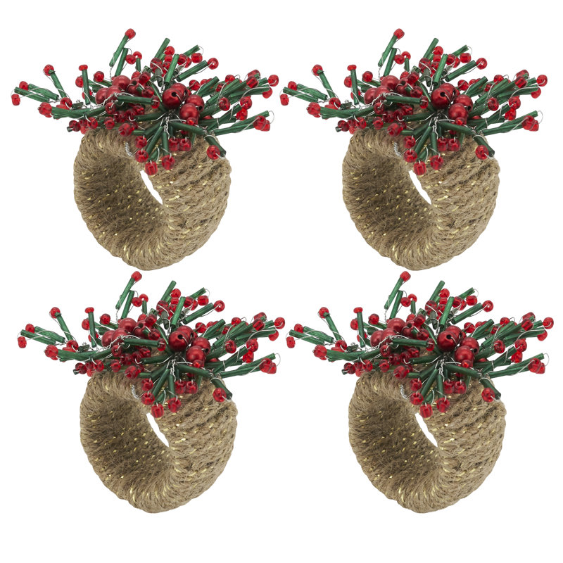 Festive Beaded Holiday Napkin Rings with Red Berries, Set of 4
