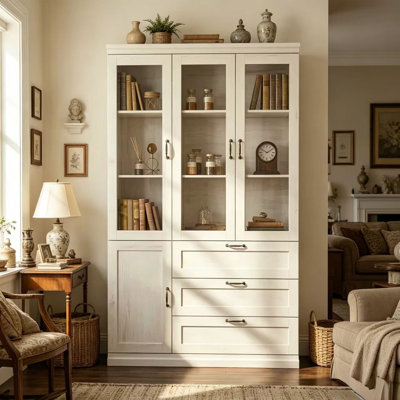 Armoire de rangement à 4 portes et 3 tiroirs à devant en verre avec quincaillerie anti-basculement, grain de bois gris clair