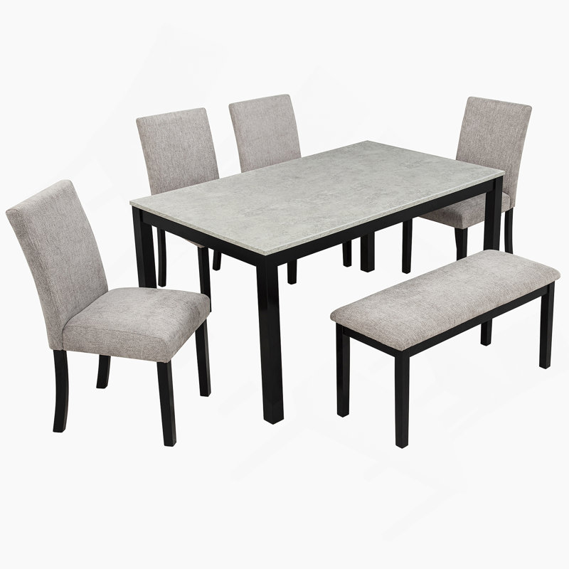 Ensemble de table de salle à manger 6 pièces, table de cuisine en bois avec 4 chaises rembourrées, 1 banc
