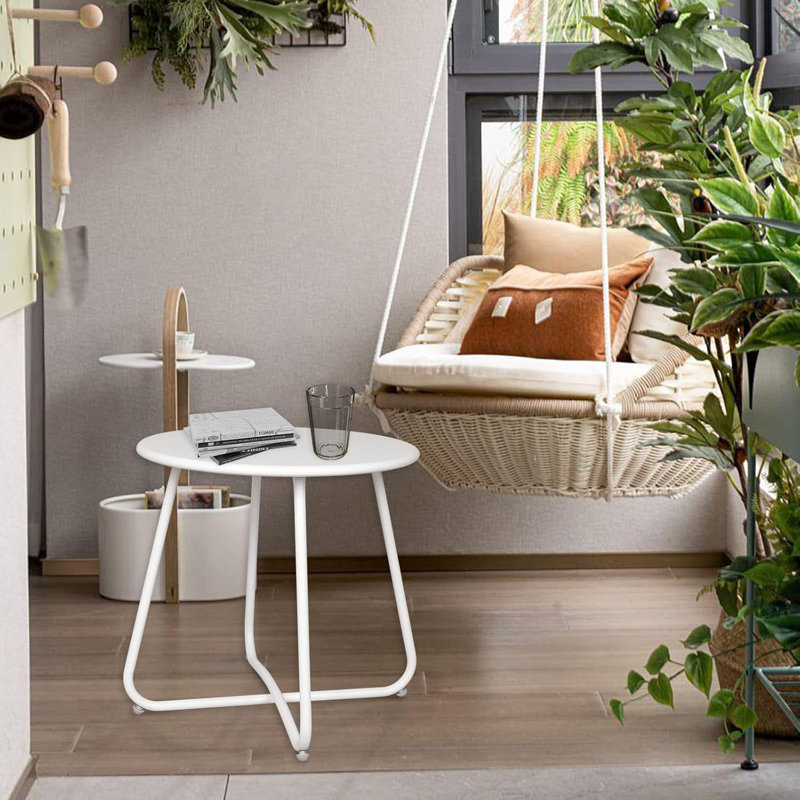 Metal Patio Table Outdoor Round Side Tables, White