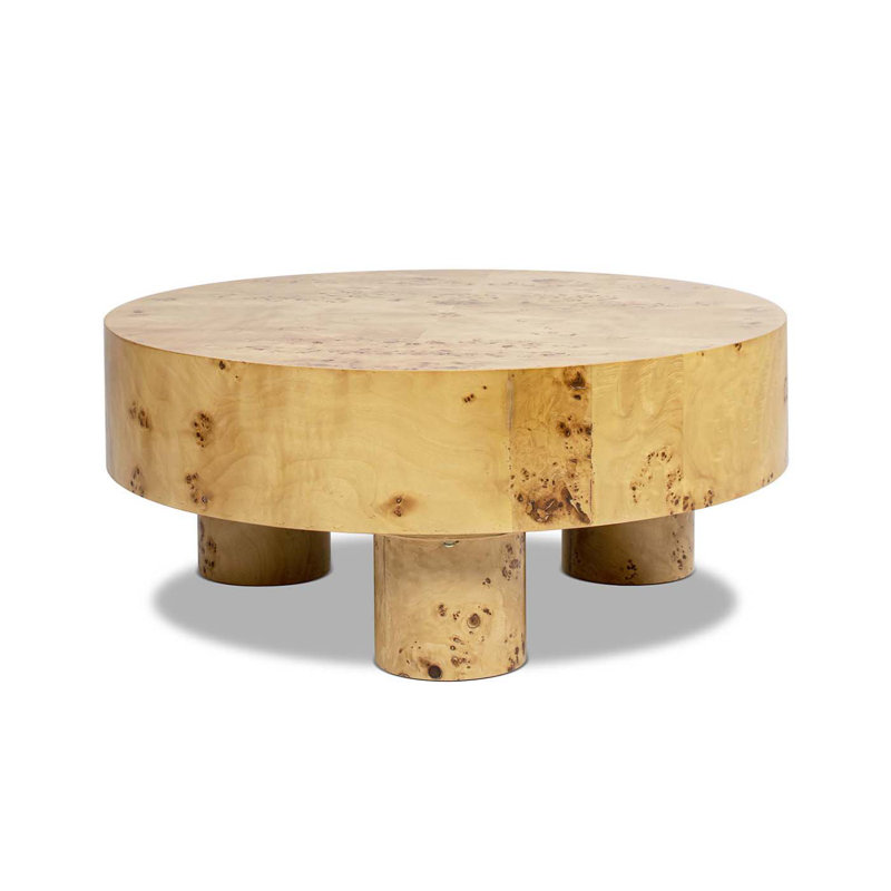 Dominie 35.5" Round Pillar Leg Coffee Table, Warm Natural Brown Burl Wood
