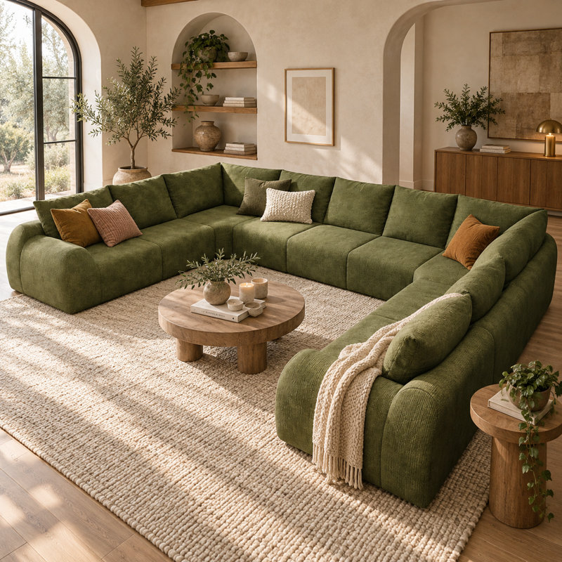 Upholstered 161.9 " Chenille U-Shaped Seating Component, Dark Green
