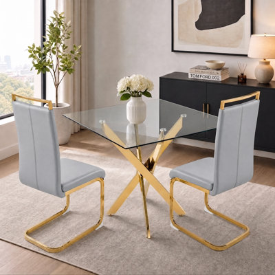 Modern Square Tempered Glass Dining Set with Faux Leather Chairs