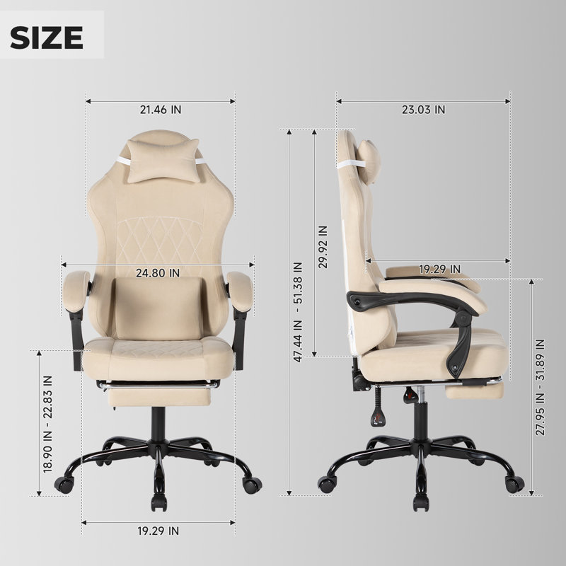 Fauteuil de jeu monobloc en velours beige avec massage lombaire et dossier réglable multi-angles