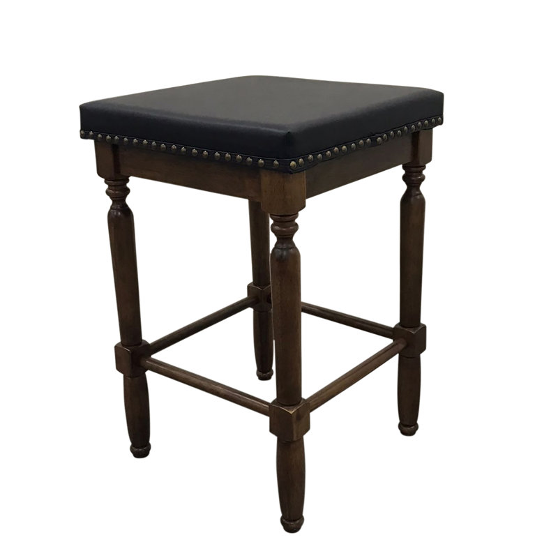 Élégant tabouret de bar noir l 16 po x H 24 po avec assise rembourrée en PVC et structure en bois d'hévéa rustique
