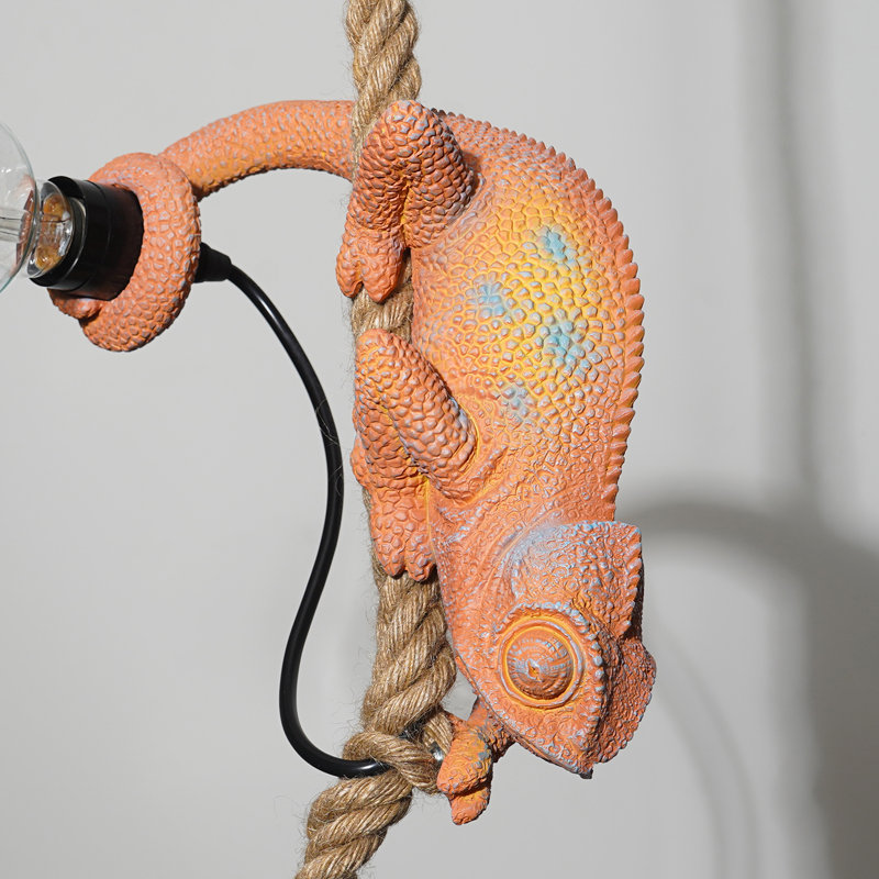 Lizard Pendant Light With Jute Rope And E26 Socket Hardwired Animal Design, Orange/Green