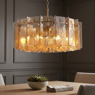 35.4" 12-Light Dimmable Drum Metal Chandelier with Glass Shade