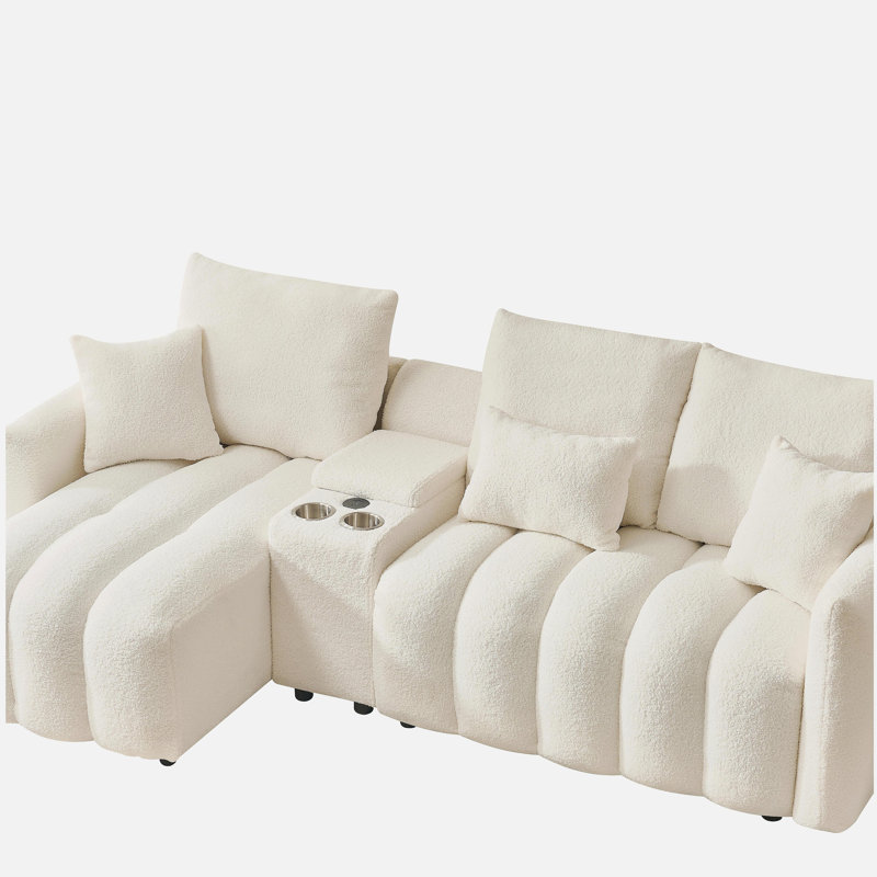 Large cushioned sofa, Teddy fabric corner sofa with USB port, suitable for living rooms