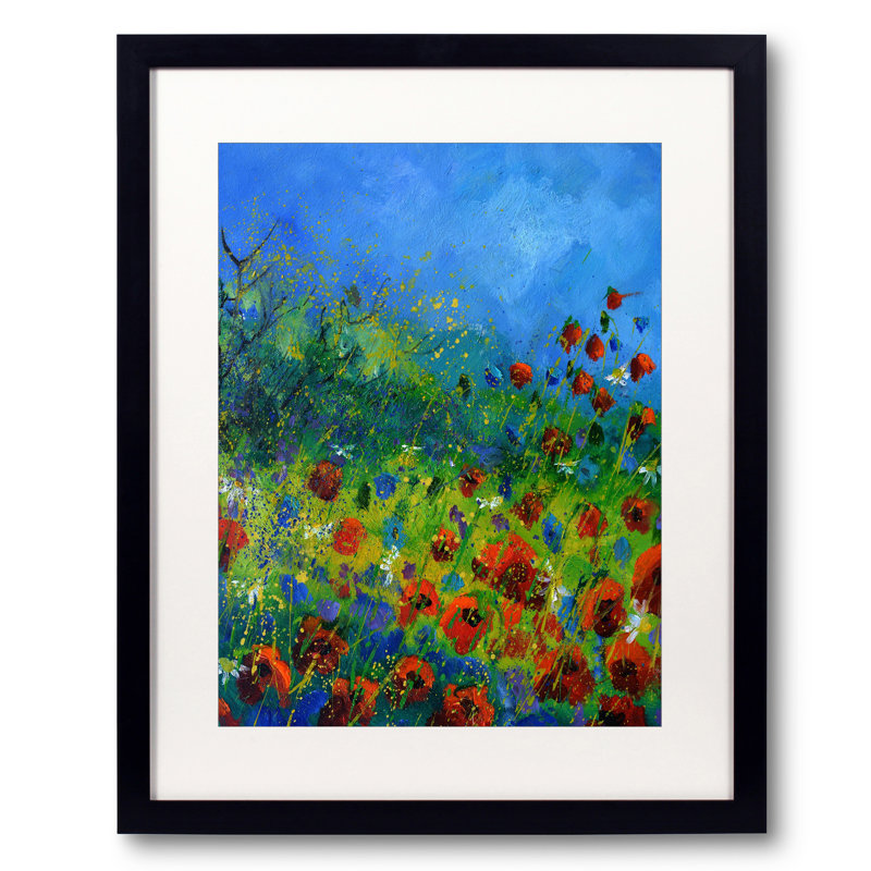 Coquelicots rouges par Pol Ledent - Peinture, H 31,25 po x l 25,25 po, Papier avec cadre noir