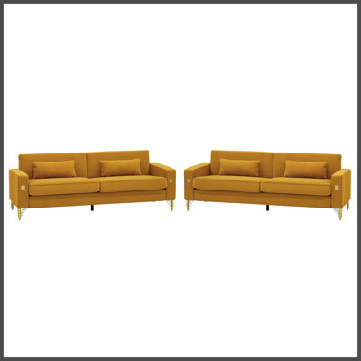 FX-P18-OR-2PCS Ensemble de canapé en velours jaune moutarde, ensemble de canapé de salon moderne 2 pièces avec deux canapés 2 places, mobilier moderne Mid-Century avec pieds dorés, sièges confortables pour la maison