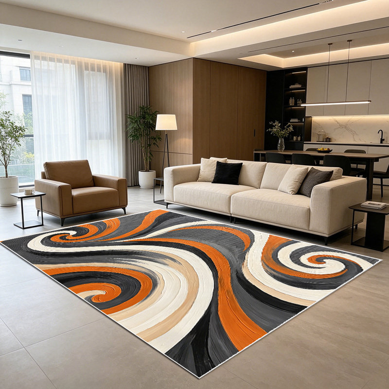 1PC hand-painted boho vintage spiral swirl abstract burnt orange charcoal gray off-white tan area rugs for Living Room, Soft and Comfortable, Suitable for all seasons, easy-to-maintain, machine washable Indoor floor mat,