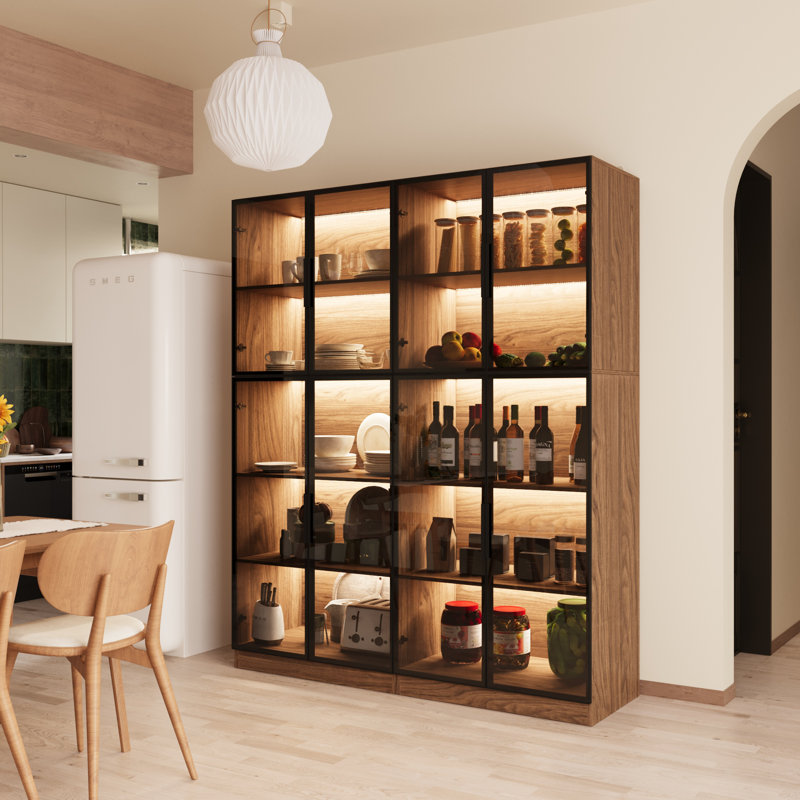 Dining Storage Cabinet with light and glass doors, Walnut