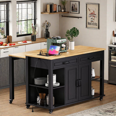 Kitchen Island With Extendable Dining Table, Internal Storage Rack, Power Outlet, 2 Drawers, 2 Cabinet And Open Shelves