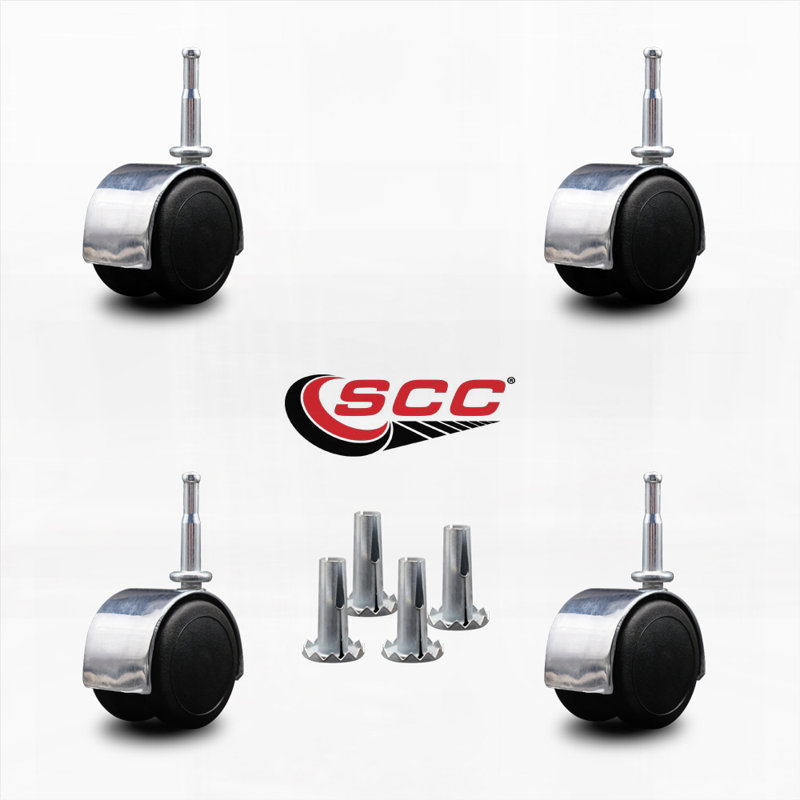 2 Inch Floor Safe Hooded Twin Wheel Caster Grip Neck Stem Set of 4, Chrome