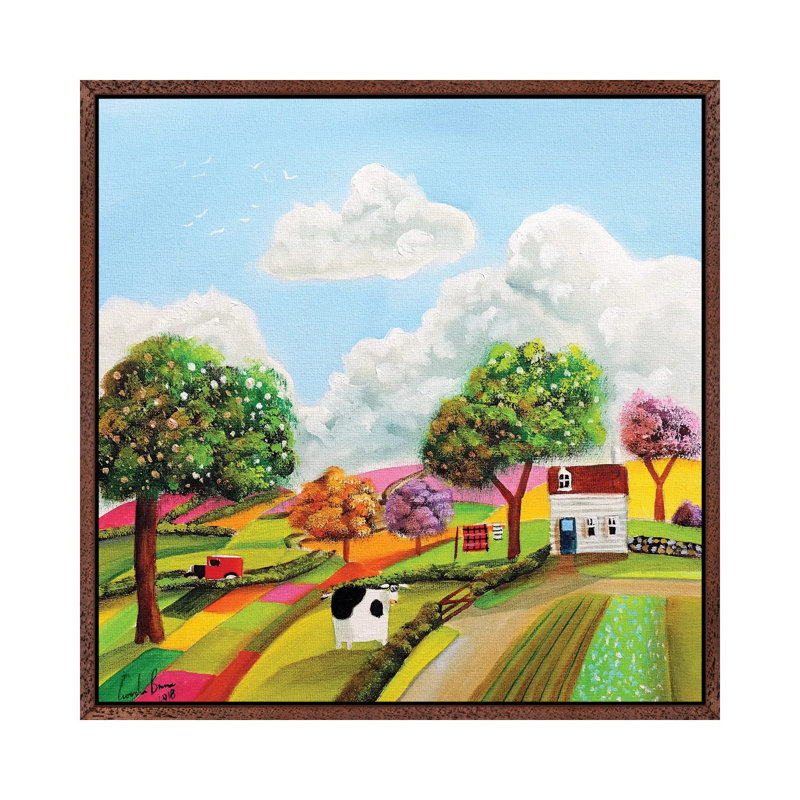 Patchwork Fields by Gordon Bruce - Painting on Canvas, 45.72 cm H x 45.72 cm W, Classic Brown Wood Framed