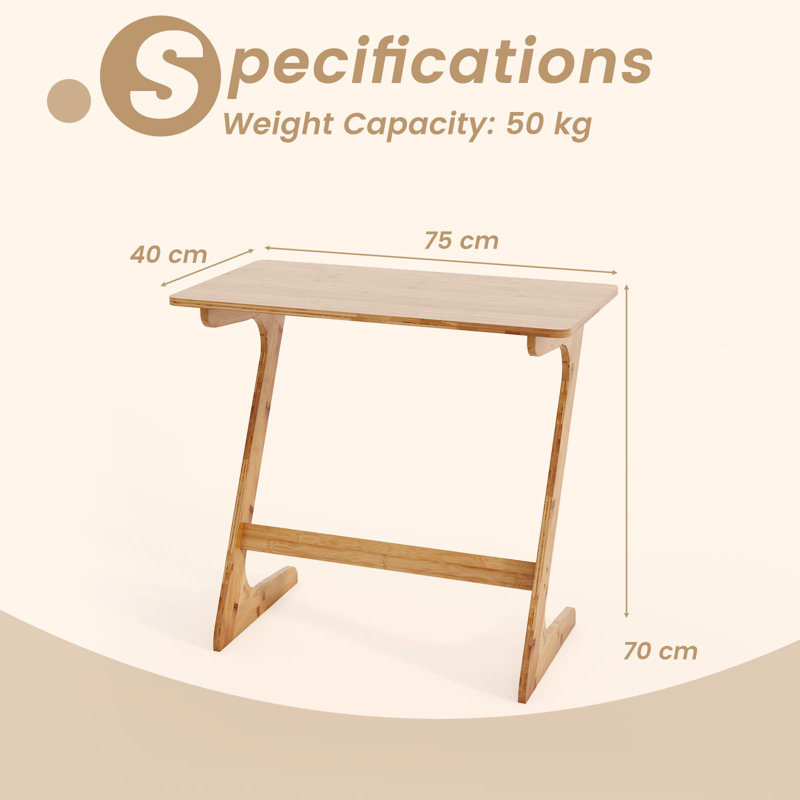 Bamboo Sofa Side Table Z-Shaped End Couch Table For Snacks And Drinks Natural