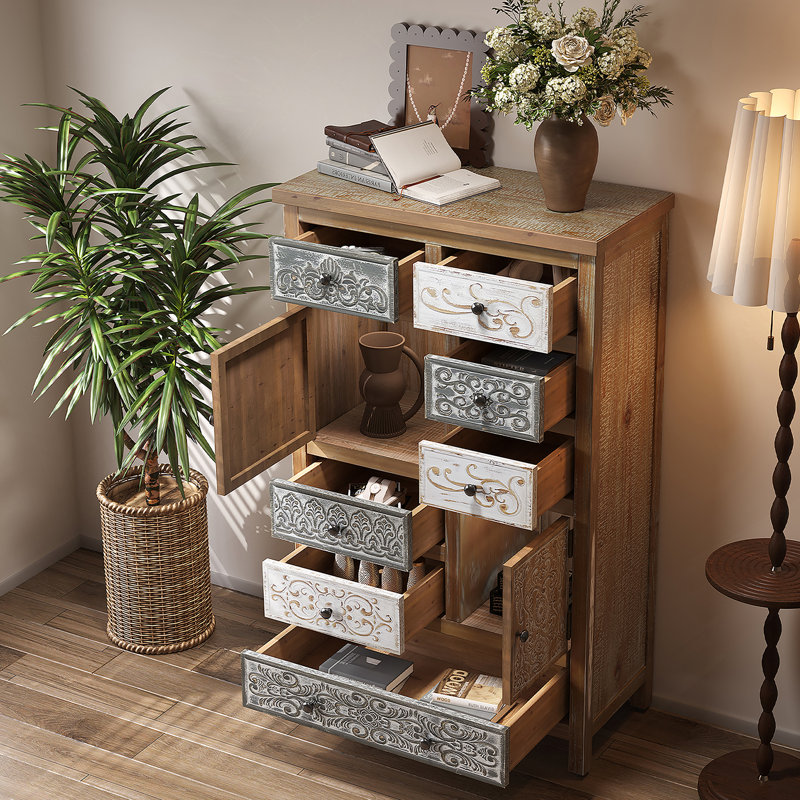 Armoire d'appoint en bois avec 6 tiroirs et 2 portes pour le salon, la chambre à coucher, la salle de bain