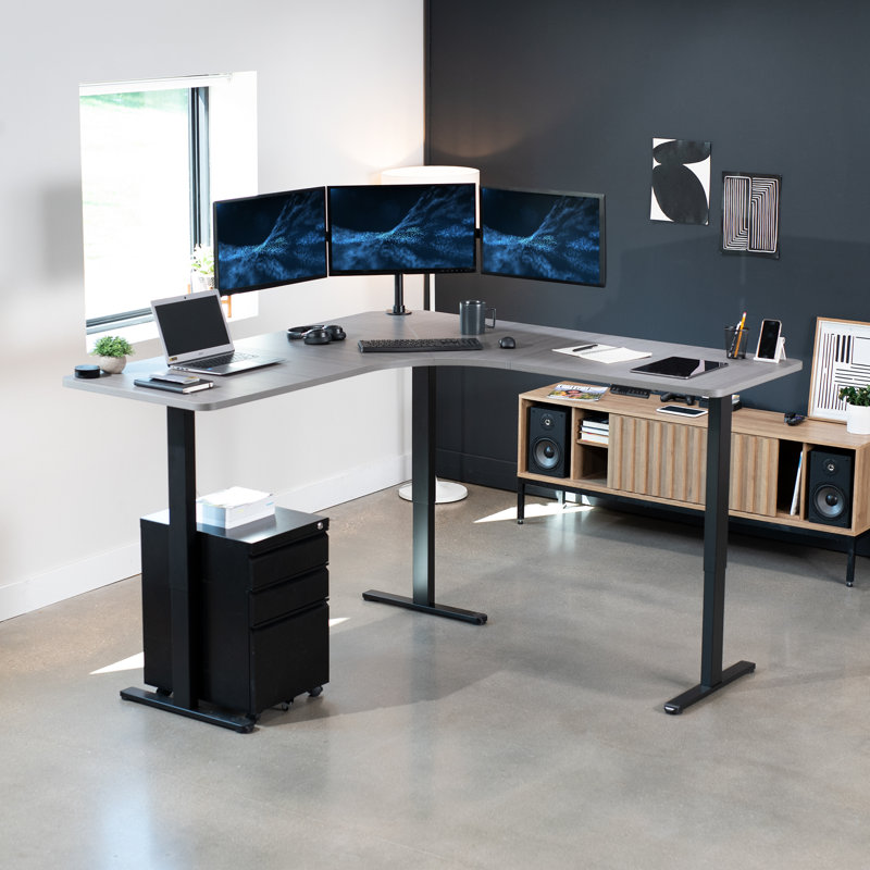 VIVO Electric 71" x 71" Curved Corner Stand Up Desk (E3CB2 Series), Gray/Black