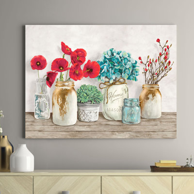 Floral Composition With Mason Jars by Jenny Thomlinson - Wrapped Canvas Print