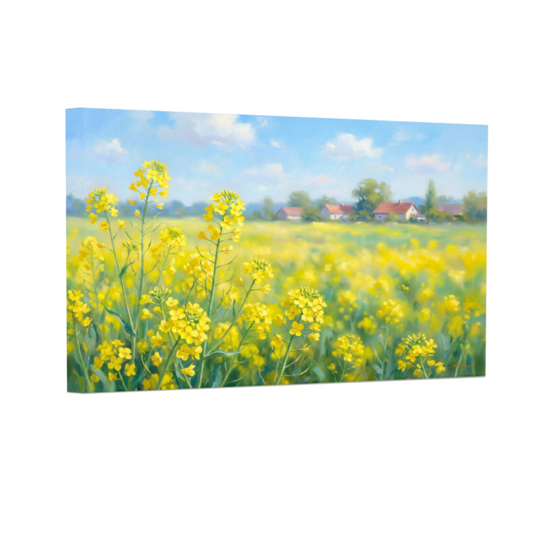 Plantes et fleurs fleurs jaunes champ ciel maisons arbres nuages bleus, H 20 po x l 30 po