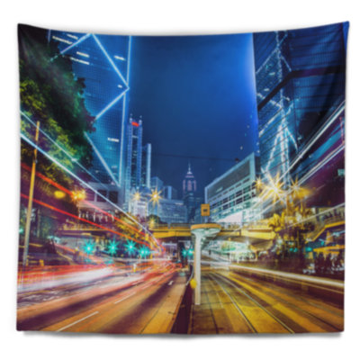 Tapisserie en polyester cityscape de la ville de hong kong avec accessoires suspendus inclus