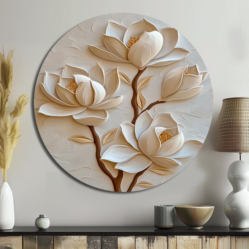 Beige Magnolia Glow - art mural éclectique moderne en métal, impression murale blanche, H 16 po x l 16 po