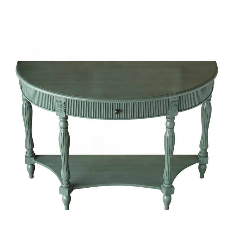Console demi-lune en bois massif avec tiroir, tablette et colonne romaine avec pieds sculptés en vert rustique