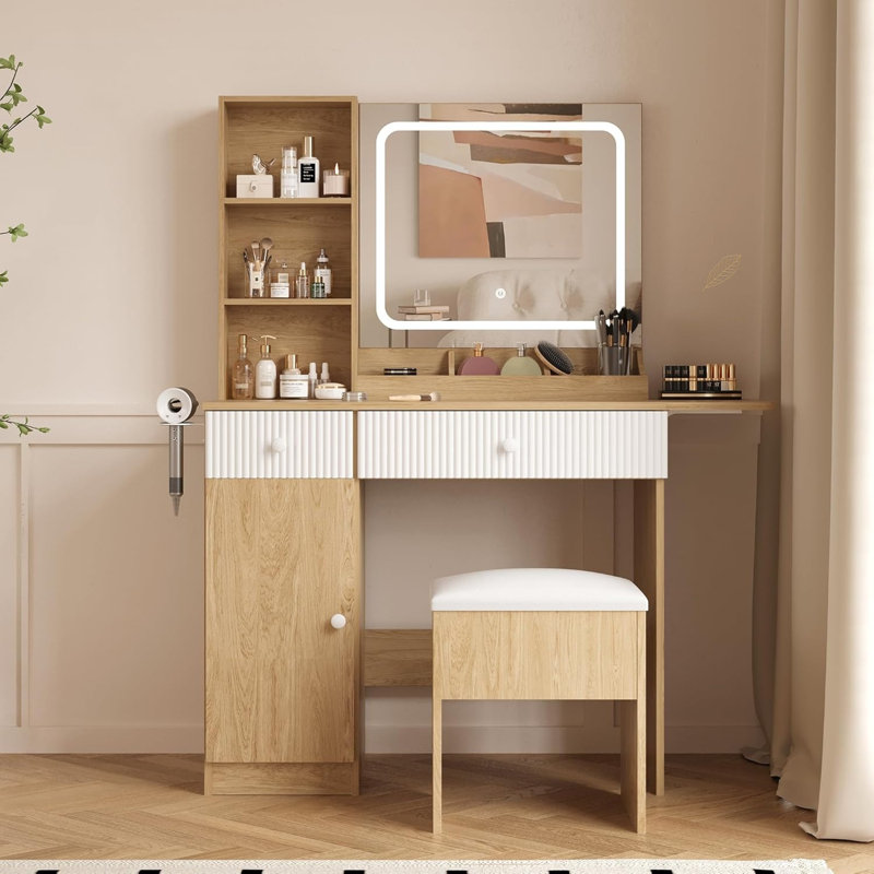 Bureau de coiffeuse avec miroir et lumières, bureau de maquillage avec 3 modes d'éclairage, prise de courant, tiroirs et tablettes de rangement, tabouret de rangement, meuble-lavabo pour chambre à coucher