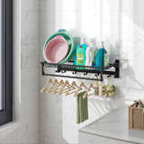 Foldable Bathroom Shelf, Wall Mounted Bathroom Shelf Rack W/Adjustable Bar & Movable Hooks, Rustproof & Waterproof Space-Aluminum Holder Organizer,(Black)