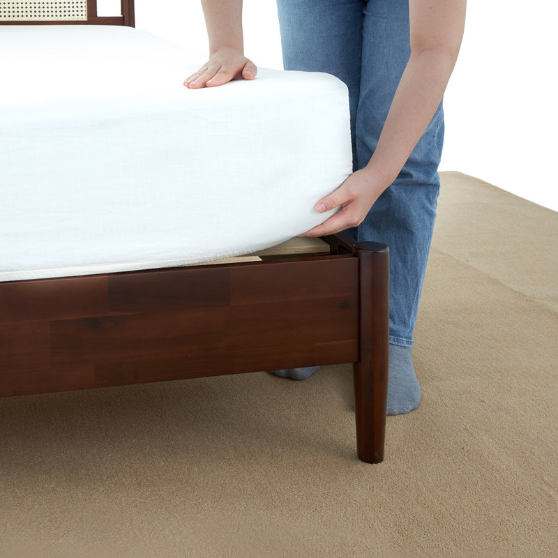 Oliver Solid Wood Rattan Platform Bed with Headboard, Rattan Frame
