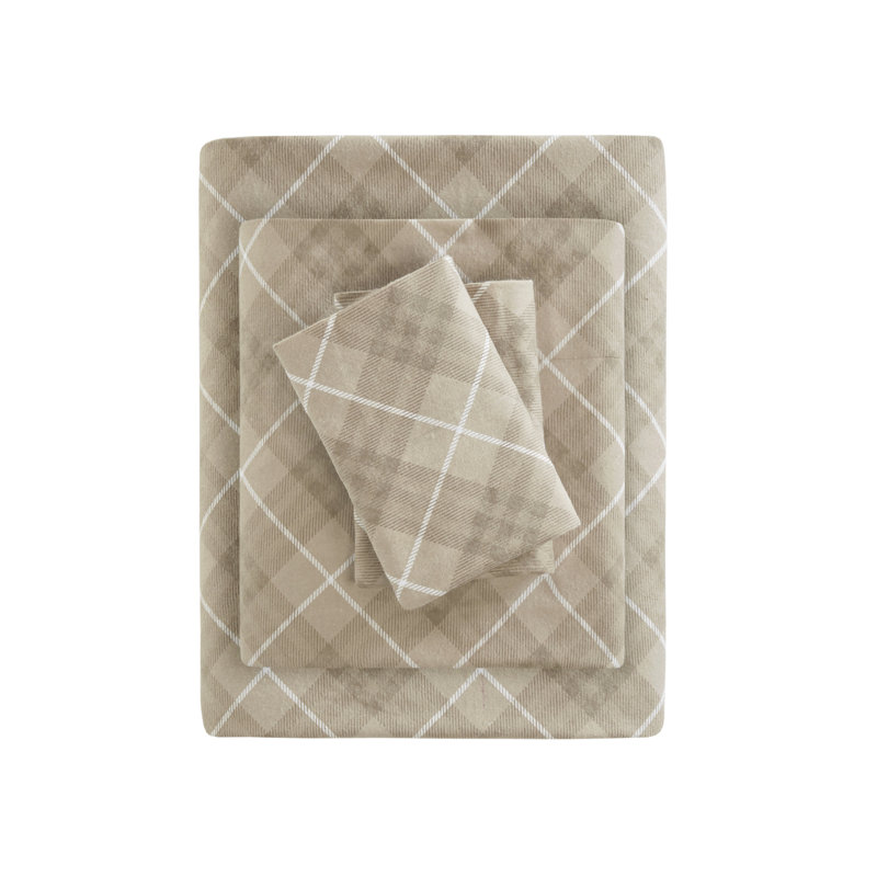 Ensemble de draps 100% coton Cozy Flannel, Ensemble de draps très grand californien avec 2 t, Tissu écossais brun clair